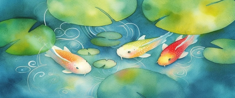 手绘水彩池塘里锦鲤金鱼游泳卡通插画背景,插画/手绘图,插画/手绘图库,插画/手绘图下载,插画/手绘